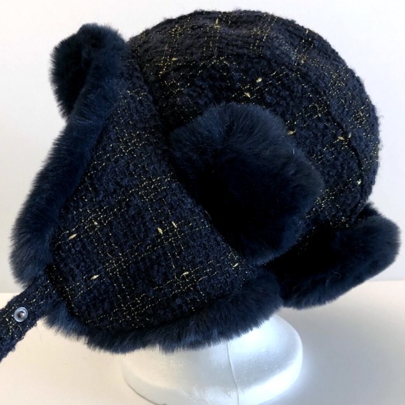 (NWT) INC International Concepts Navy Woven Shine Faux Fur Trapper OSFM - Picture 6 of 10